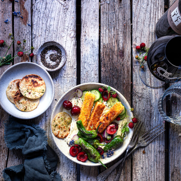 Weinflasche und Glas mit Pays d'Oc IGP Petit Verdot und whipped Feta Summer Bowl